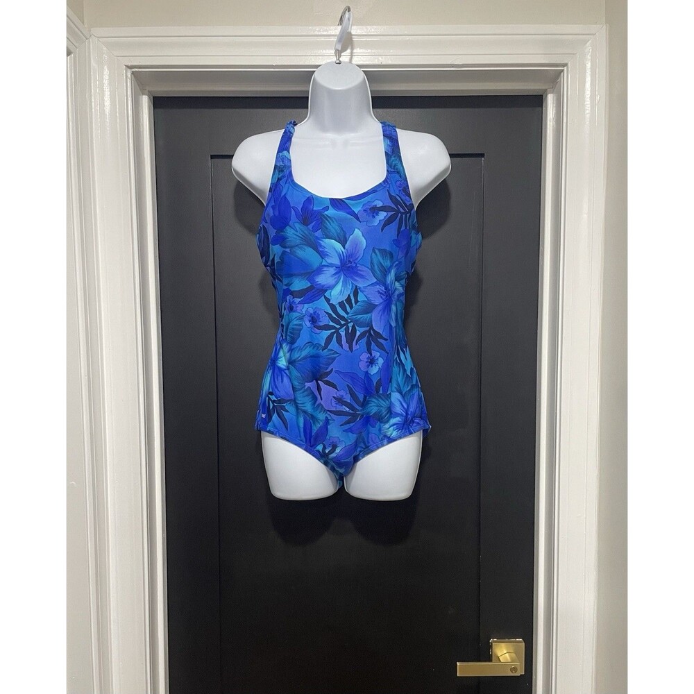 Speedo Womens Blue Tropical Floral Palm Leaf One Piece Swimsuit Scoop Back 14‎